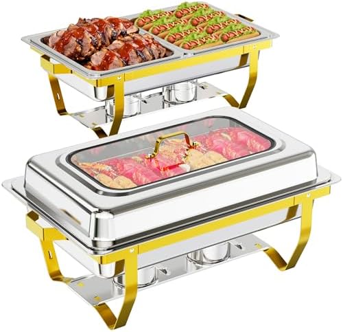 Chafing Dishes for Buffet, 9.5QT 2 Pack with Glass Lid, Gold in Gold & Silver