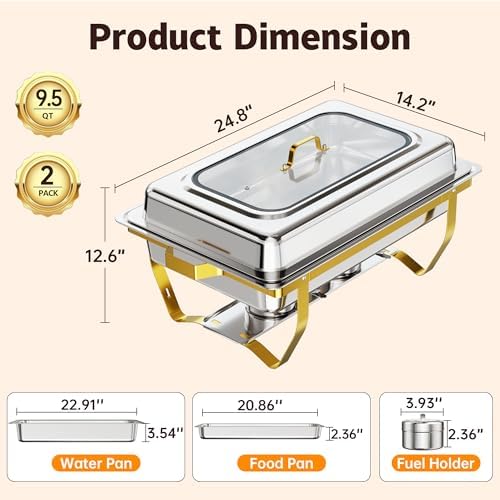 Chafing Dishes for Buffet, 9.5QT 2 Pack with Glass Lid, Gold in Gold & Silver, alternate view 2