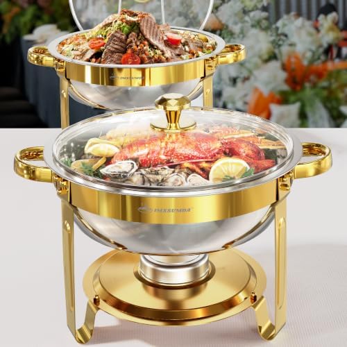 Chafing Dishes for Buffet Set, 5QT 2 Pack with Glass Lid, Gold in Gold
