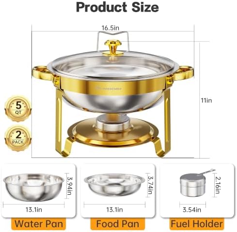 Chafing Dishes for Buffet Set, 5QT 2 Pack with Glass Lid, Gold in Gold, alternate view 2