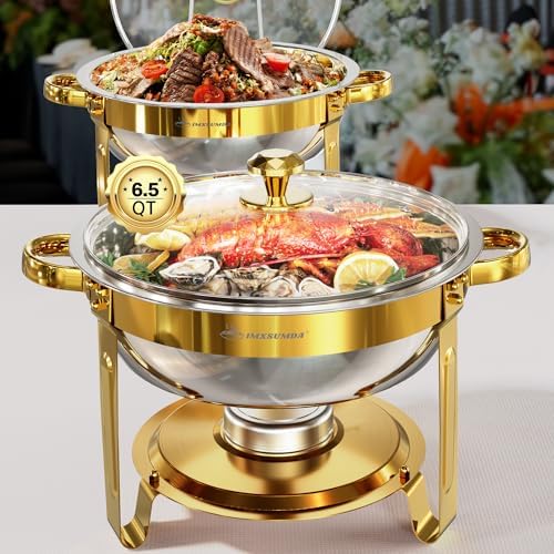 Chafing Dishes for Buffet with Glass Lid, 6.5QT 2 Pack Round, Gold in Gold