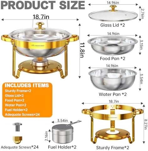 Chafing Dishes for Buffet with Glass Lid, 6.5QT 2 Pack Round, Gold in Gold, alternate view 2
