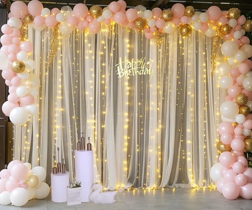 Champagne Backdrop Curtains with Lights String for Wedding Parties 10×10ft Sheer Tulle Backdrop Curtain for, alternate view 3