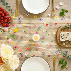 Champagne Embroidery Daisy Gauze Table Runner 120 Inch 10FT in 28" x 120" in Champagne, alternate view 2