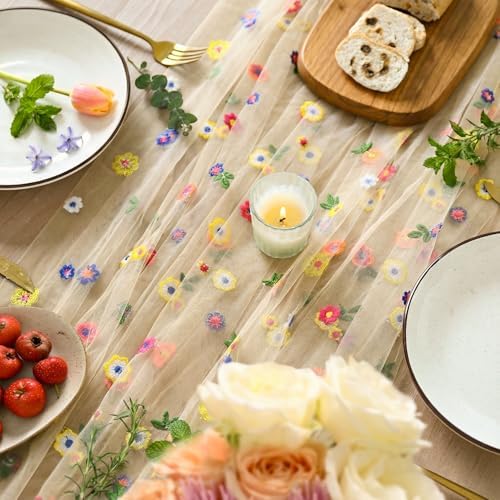Champagne Embroidery Daisy Gauze Table Runner 59x120 Inch 10FT in 59" x 120" in Champagne, alternate view 2