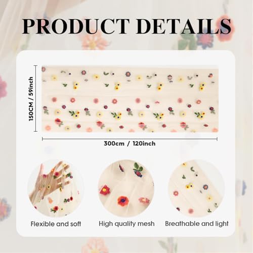 Champagne Embroidery Daisy Gauze Table Runner 59x120 Inch 10FT in 59" x 120" in Champagne, alternate view 7
