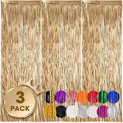 Champagne Foil Fringe Backdrop Curtains, 3.3x8.2ft, 3 Pack in 39.6" × 98.4" in 22 Champagne