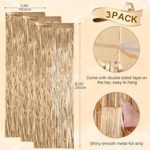 Champagne Foil Fringe Backdrop Curtains, 3.3x8.2ft, 3 Pack in 39.6" × 98.4" in 22 Champagne, alternate view 3