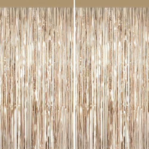 Champagne Gold Metallic Fringe Curtains 2 Pack, Tinsel Backdrop for Parties