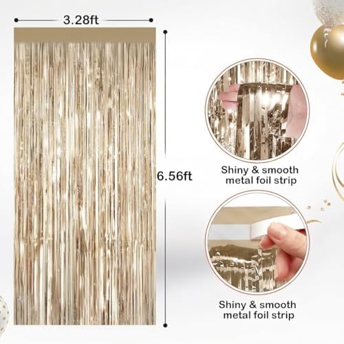 Champagne Gold Metallic Fringe Curtains 2 Pack, Tinsel Backdrop for Parties, alternate view 2