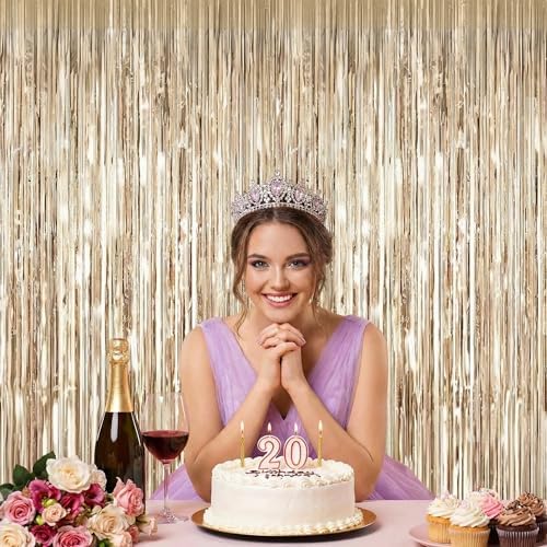 Champagne Gold Metallic Fringe Curtains 2 Pack, Tinsel Backdrop for Parties, alternate view 4