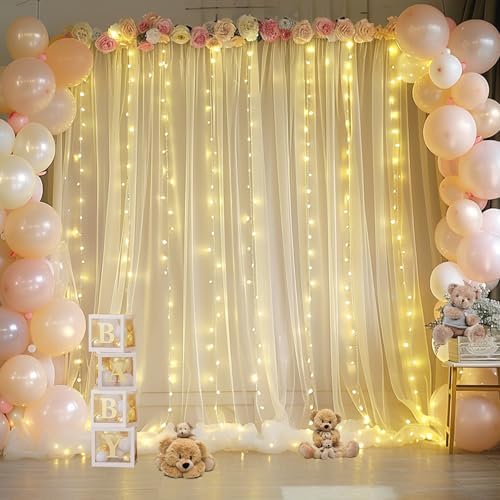 Champagne Sheer Backdrop Curtain with Lights String for Parites Wedding 20×10ft Tulle Backdrop Curtains for, alternate view 2