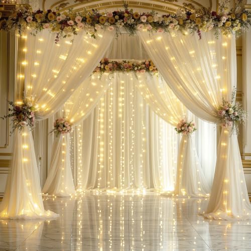 Champagne Sheer Backdrop Curtain with Lights String for Parites Wedding 20×10ft Tulle Backdrop Curtains for, alternate view 3