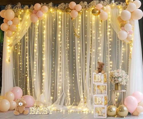 Champagne Sheer Backdrop Curtain with Lights String for Parites Wedding 20×10ft Tulle Backdrop Curtains for, alternate view 4