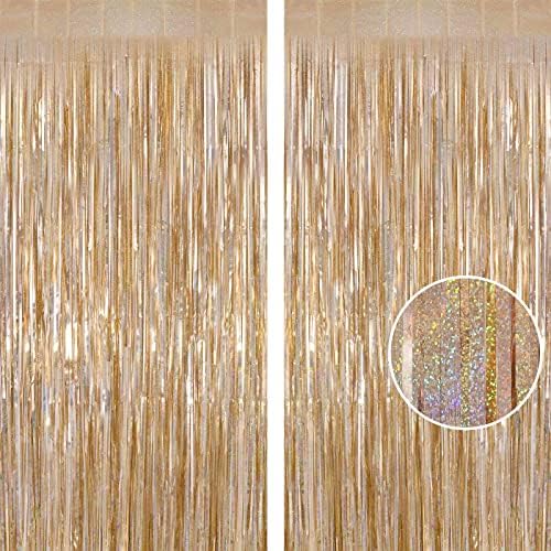 Champagne Tinsel Foil Fringe Curtain, 2 Pack 3.3 x 8.2 Ft Metallic Glitter Curtains Backdrop Streamers