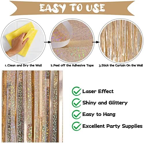 Champagne Tinsel Foil Fringe Curtain, 2 Pack 3.3 x 8.2 Ft Metallic Glitter Curtains Backdrop Streamers, alternate view 4