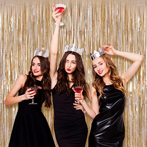 Champagne Tinsel Foil Fringe Curtain, 2 Pack 3.3 x 8.2 Ft Metallic Glitter Curtains Backdrop Streamers, alternate view 6