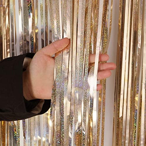 Champagne Tinsel Foil Fringe Curtain, 2 Pack 3.3 x 8.2 Ft Metallic Glitter Curtains Backdrop Streamers, alternate view 7