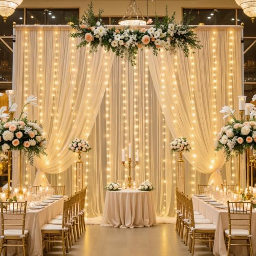 Champagne Tulle Backdrop Curtain with Lights String for Parites Wedding 5x8ft Champagne Sheer Backdrop Curtains, alternate