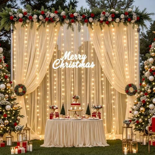 Champagne Tulle Backdrop Curtain with Lights String for Parites Wedding 5x8ft Champagne Sheer Backdrop Curtains, alternate