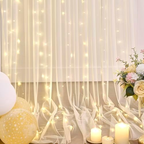 Champagne Tulle Backdrop Curtain with Lights String for Parites Wedding 5x8ft Champagne Sheer Backdrop Curtains, alternate