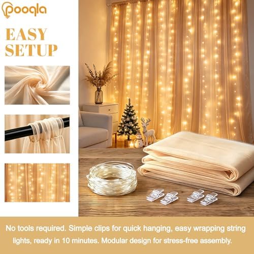 Champagne Tulle Backdrop Curtains with Lights String for Party in Champagne, alternate view 2