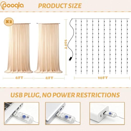 Champagne Tulle Backdrop Curtains with Lights String for Party in Champagne, alternate view 4