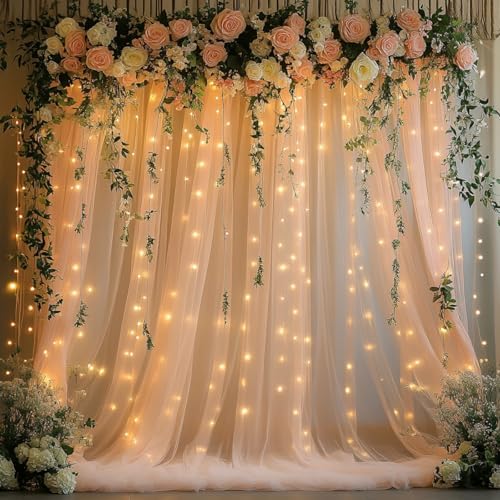 Champagne Tulle Backdrop with Fairy Lights for Parites Wrinkle-Free Sheer Curtain Drapes Photo Back Drop for