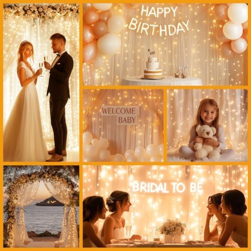 Champagne Tulle Backdrop with Fairy Lights for Parites Wrinkle-Free Sheer Curtain Drapes Photo Back Drop for, alternate view