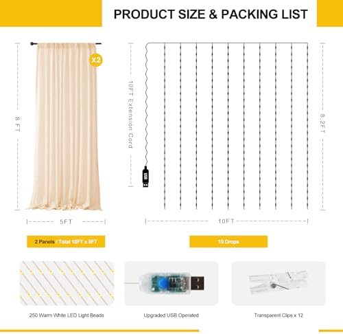 Champagne Tulle Backdrop with Fairy Lights for Parites Wrinkle-Free Sheer Curtain Drapes Photo Back Drop for, alternate view
