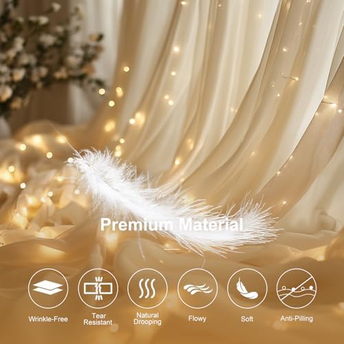 Champagne Tulle Backdrop with Fairy Lights for Parites Wrinkle-Free Sheer Curtain Drapes Photo Back Drop for, alternate view