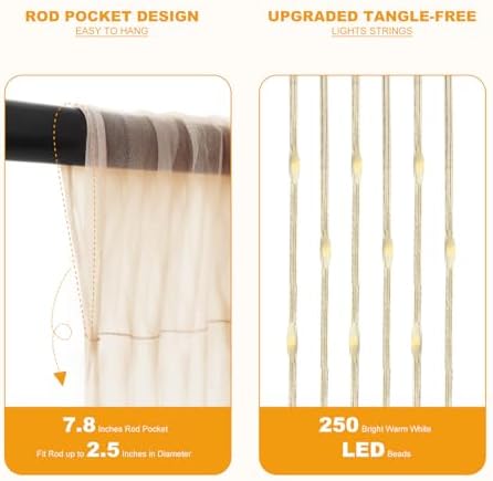 Champagne Tulle Backdrop with Fairy Lights for Parites Wrinkle-Free Sheer Curtain Drapes Photo Back Drop for, alternate view