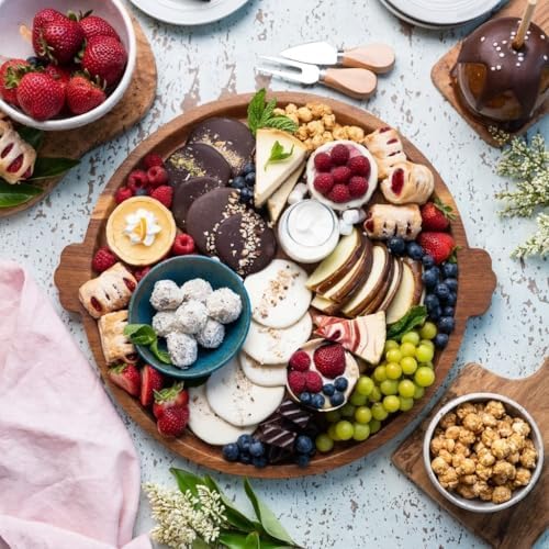Charcuterie Board 13'' Wood Serving Platter Round Ottoman Coffee Table Tray in Acacia Wood, alternate view 2