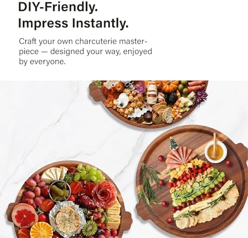 Charcuterie Board 13'' Wood Serving Platter Round Ottoman Coffee Table Tray in Acacia Wood, alternate view 4