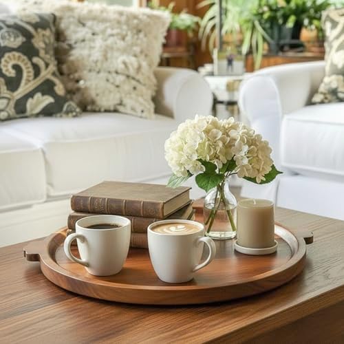 Charcuterie Board 13'' Wood Serving Platter Round Ottoman Coffee Table Tray in Acacia Wood, alternate view 6