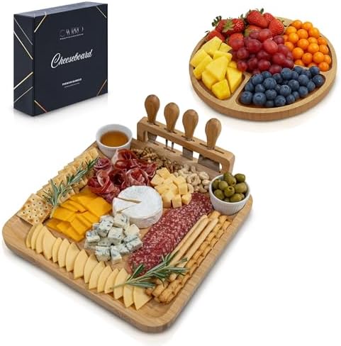 Charcuterie Board Set Bamboo with Cheese Knives and Bowls, Large Wooden Serving Platter for Entertaining