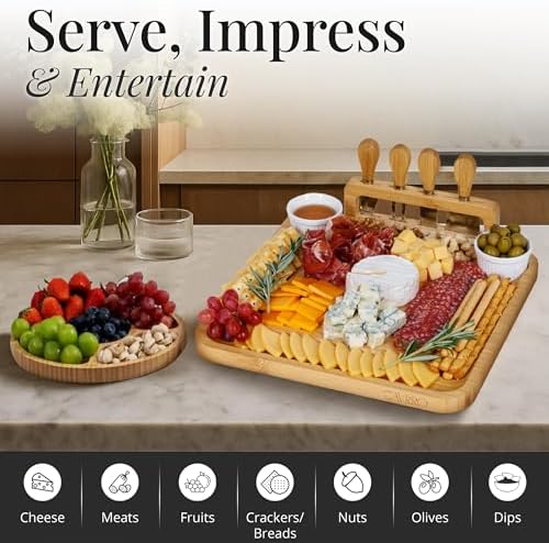 Charcuterie Board Set Bamboo with Cheese Knives and Bowls, Large Wooden Serving Platter for Entertaining, alternate view 3