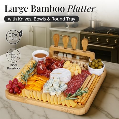 Charcuterie Board Set Bamboo with Cheese Knives and Bowls, Large Wooden Serving Platter for Entertaining, alternate view 5