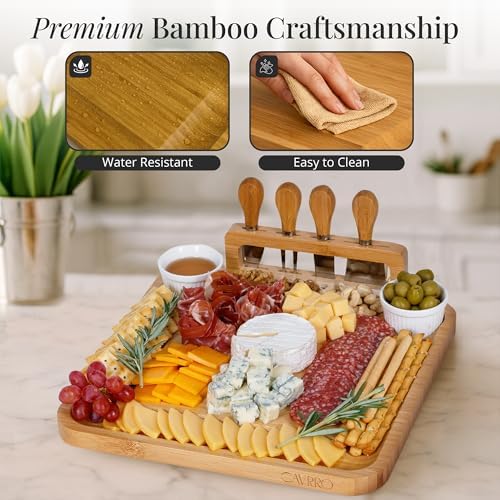 Charcuterie Board Set Bamboo with Cheese Knives and Bowls, Large Wooden Serving Platter for Entertaining, alternate view 6