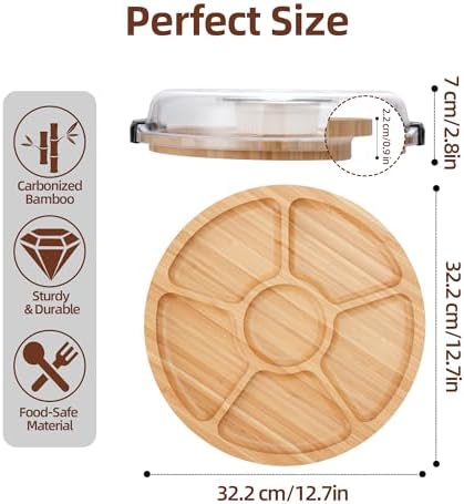 Charcuterie Board with Lid-Divided 6 Section Round Serving Tray with Handle in 12.7x12.7x2.8 inch in Bamboo, alternate view 2