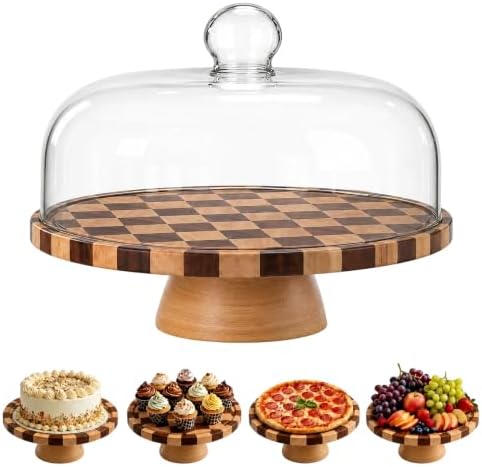 Checkerboard Wood Cake Stand with Glass Dome Lid, 12 Inch Round Rotating in Checkered