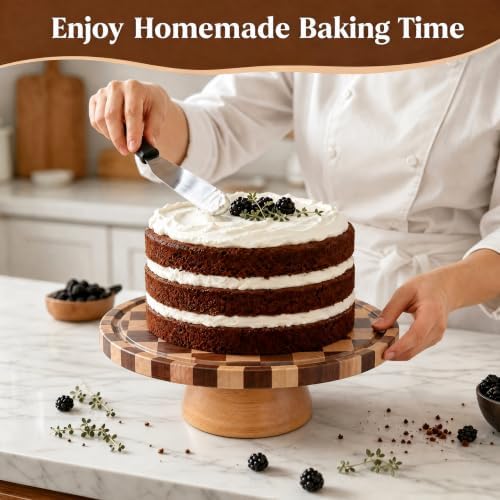 Checkerboard Wood Cake Stand with Glass Dome Lid, 12 Inch Round Rotating in Checkered, alternate view 2