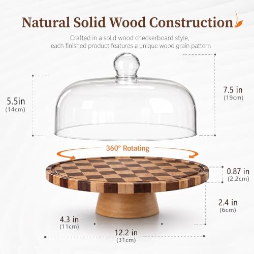 Checkerboard Wood Cake Stand with Glass Dome Lid, 12 Inch Round Rotating in Checkered, alternate view 3