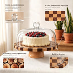 Checkerboard Wood Cake Stand with Glass Dome Lid, 12 Inch Round Rotating in Checkered, alternate view 4