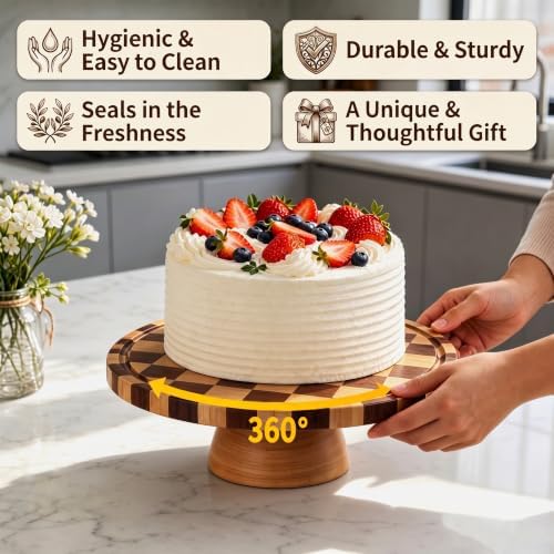 Checkerboard Wood Cake Stand with Glass Dome Lid, 12 Inch Round Rotating in Checkered, alternate view 5