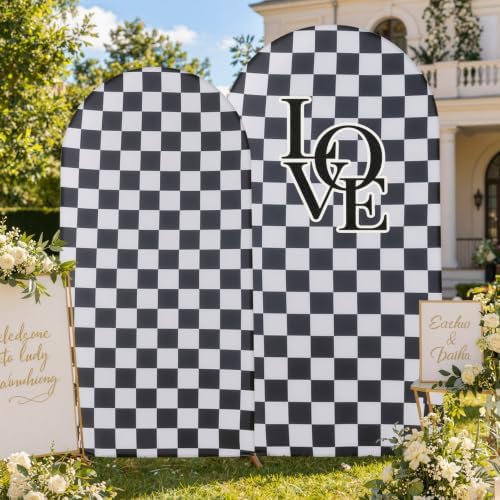 Checkered Arch Backdrop Cover Set, 7.2FT & 6FT Black and White Wrinkle-Free Spandex Arch Covers for Birthday