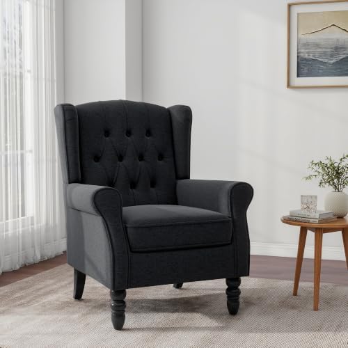 Chenille Wingback Accent Chair, Tufted High Back Armchair, Black Blue
