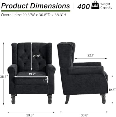 Chenille Wingback Accent Chair, Tufted High Back Armchair, Black Blue, alternate view 2
