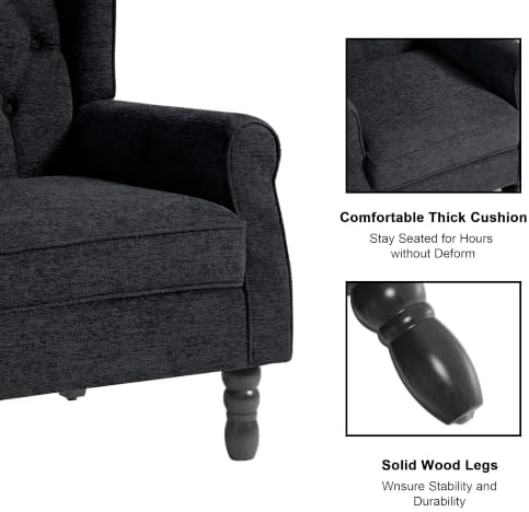 Chenille Wingback Accent Chair, Tufted High Back Armchair, Black Blue, alternate view 3
