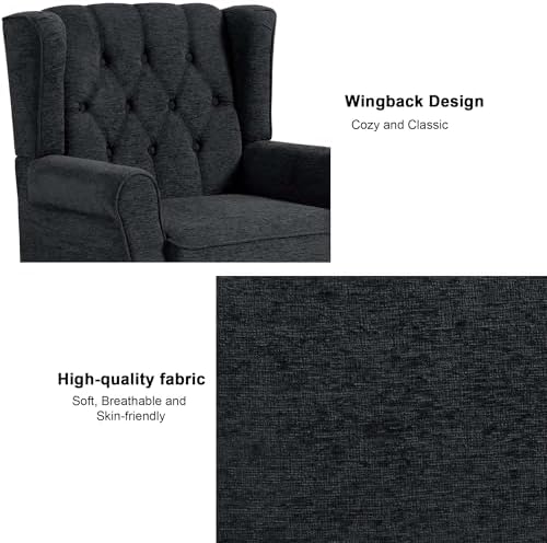 Chenille Wingback Accent Chair, Tufted High Back Armchair, Black Blue, alternate view 4